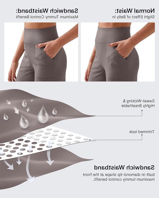 Dames Yoga Broek met Zakken Hoge Taille Ribbels Brede Pijpen Lichtgewicht Casual Sportbroek voor Petite, Normale en Lange Maten, Taupe — afbeelding 5