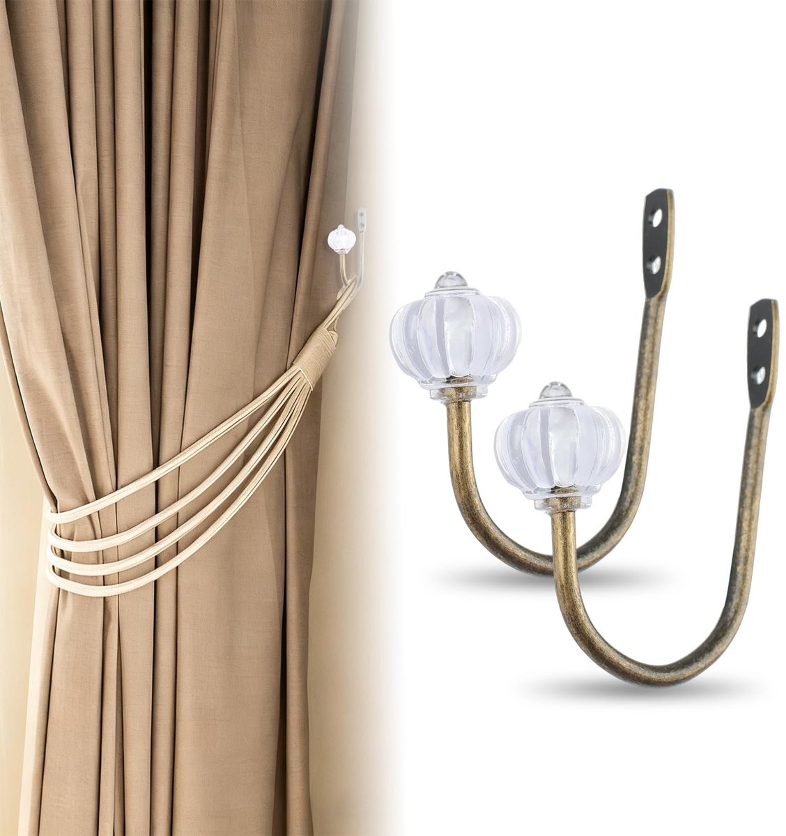 Dailygoods - 4 Stuks Brons Gordijnhaken met Kristallen Pompoen - Decoratieve Gordijnhouders