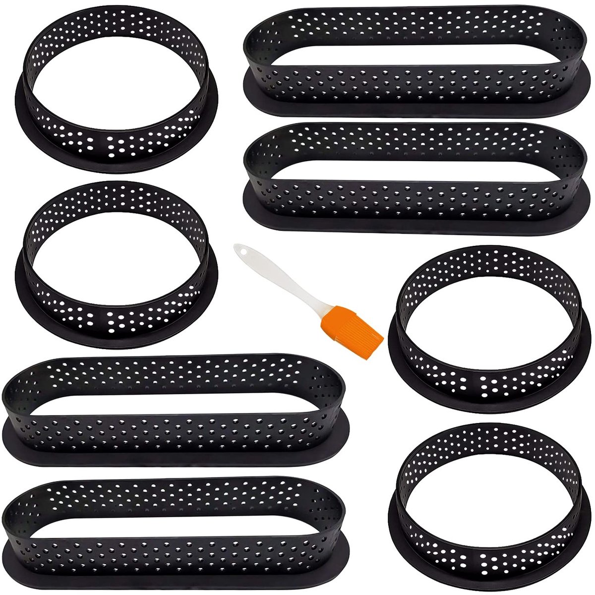 Dailygoods- Taartvorm 8 stuks - Geperforeerde Bakvorm - Ronde/Ovale Vorm - Taartbakringenset - Inclusief Siliconen Borstel - Hoogwaardig Kunststof - Bakring