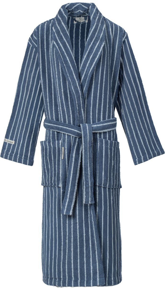 L&G - Unisex Badjas - 100% Katoen Badjas - Katoen badstof - Sjaalkraag - Badjas dames - Badjas heren - Badjas dames en heren - Gestreepte badjassen - Maat S - Blauw