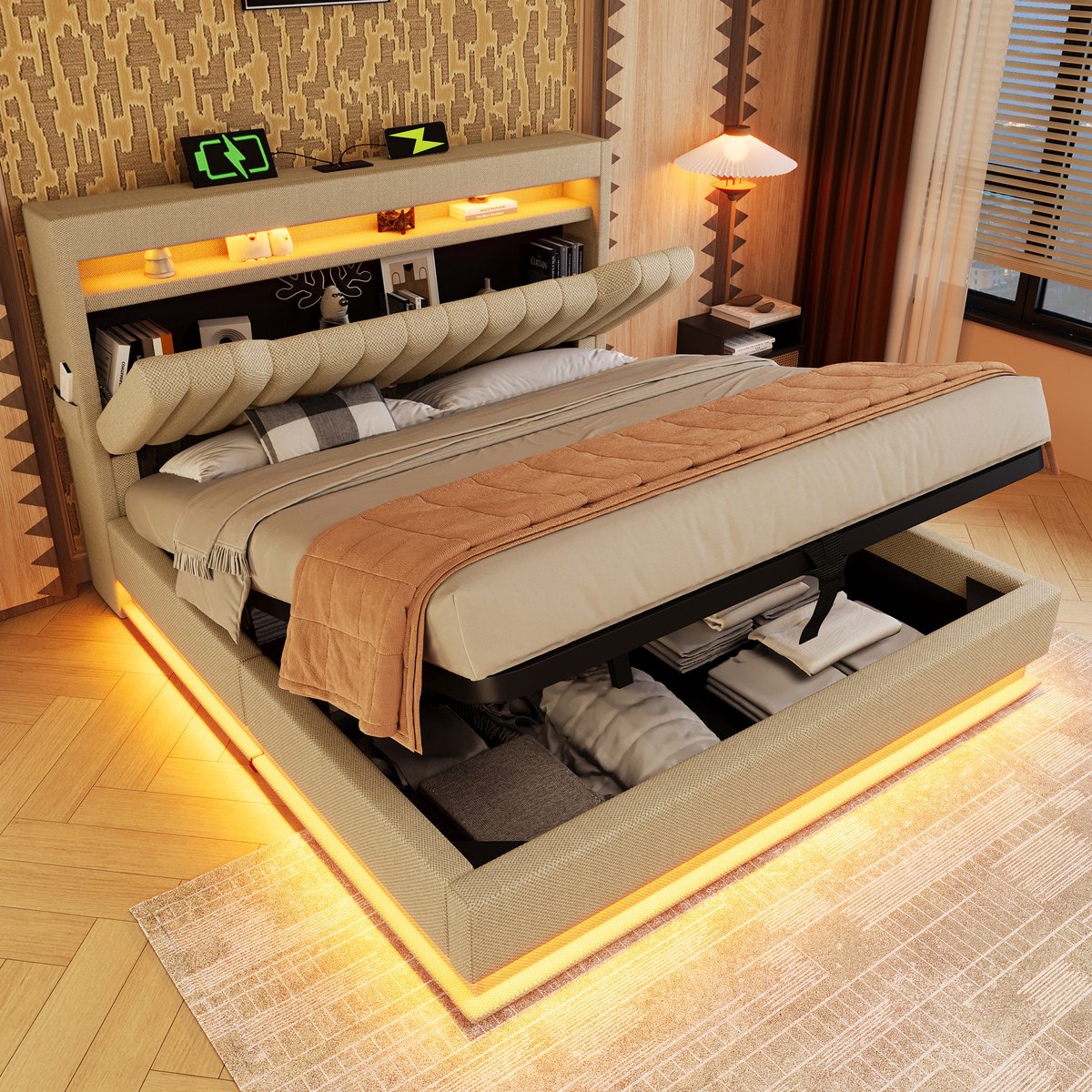 Tweepersoonsbed 140x190 cm, Gestoffeerd bed, met opbergruimte in het hoofdeinde, USB - en Type-C-aansluitingen, LED, hydraulische opbergruimte, lin, Beige - (Matras niet inbegrepen)