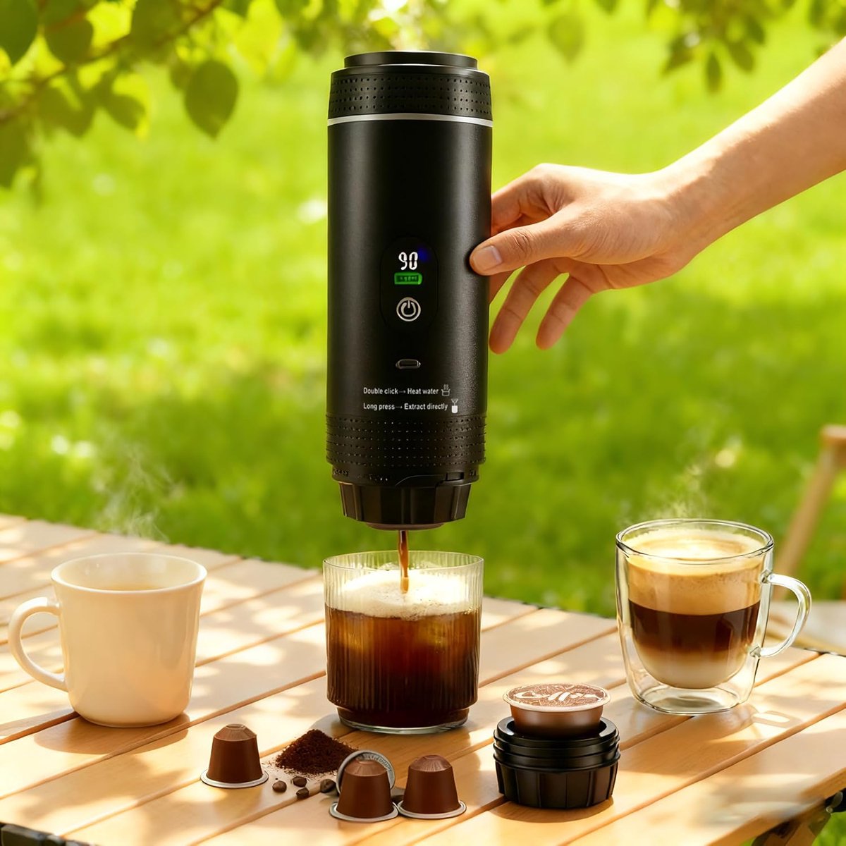 Draagbare Espressomachine - Mini Koffiezetter - Koffie Onderweg - Geïntegreerd Verwarmingssysteem - 25 cm Hoog - Zwart