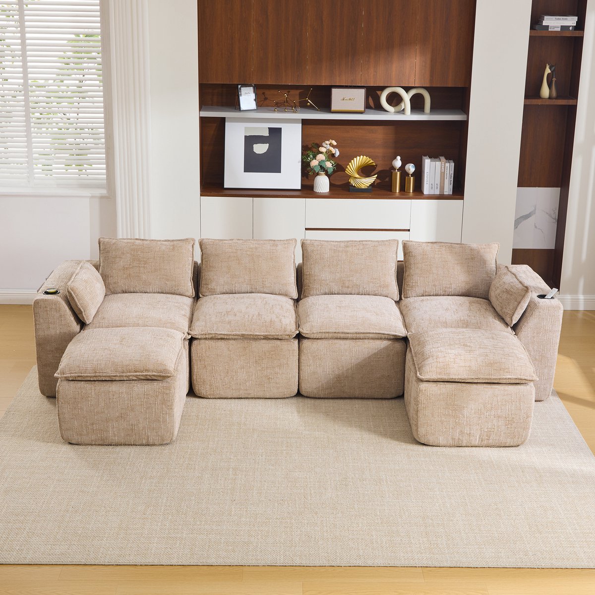 STILVORA Hoekbank 322 x 161 cm - Modulair 4-Zits Met 2 Hockers En Zijvakken - Voor Woonkamer En Kantoor - Chenille Khaki