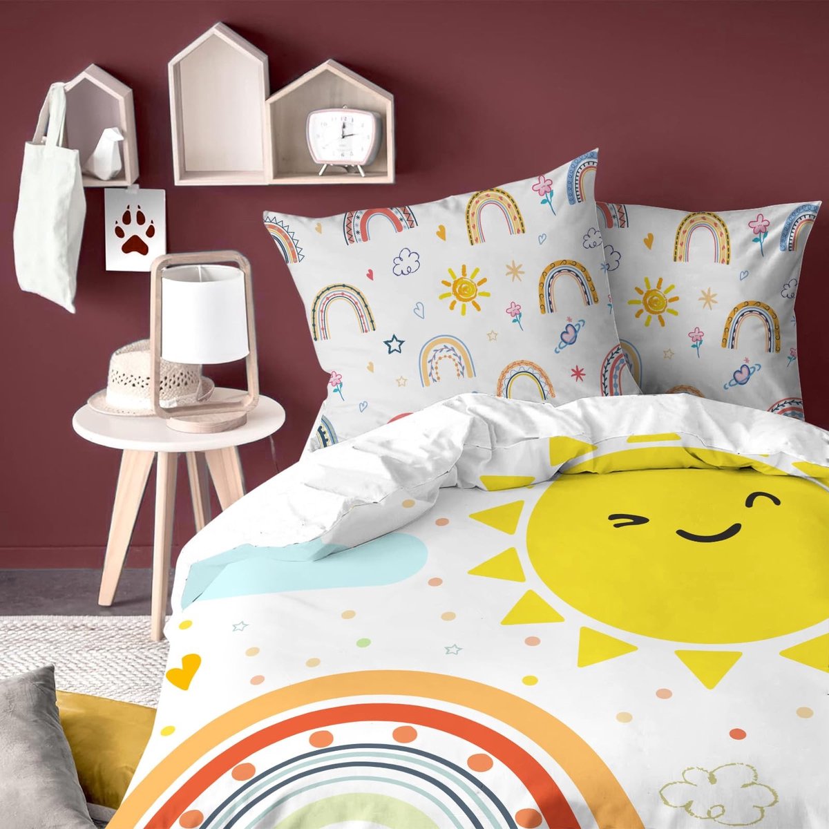 Dailygoods- Dekbedovertrek 140 x 200 cm - Kinderen - Wit met Regenboog - Polyester Microvezel - Ademend - Met 1 Kussensloop 65 x 65 cm - Beddengoed