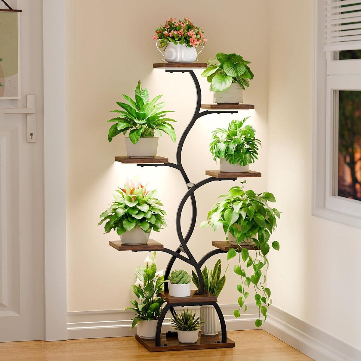 Plantenstandaard met licht - Bloemenrek - Planten verzorgen - 8 etages - 125 cm hoog - Zwart