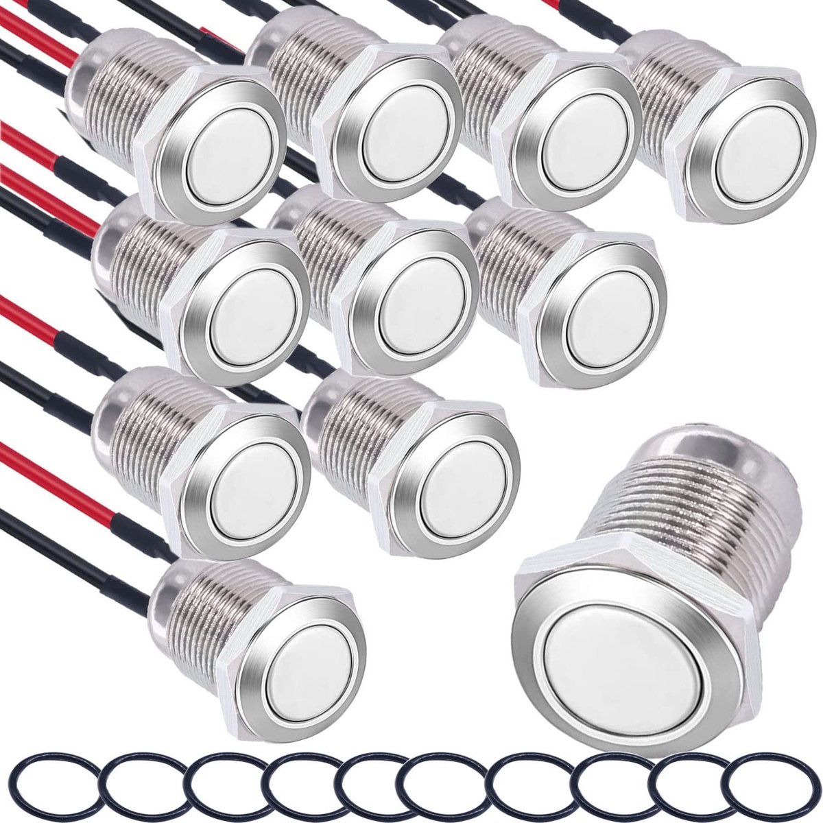 Dailygoods - 10x Waterproof Knoppen - RVS, 12mm, Voorbedraad, Drukknop 2A/12V/24V/125V/250V