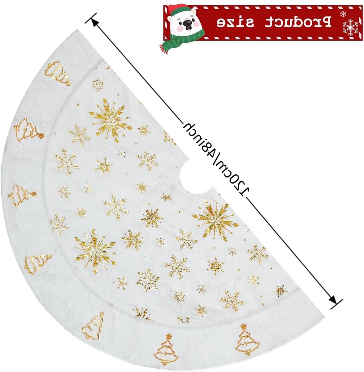 Kerstboomrok 120cm met Gouden Sneeuwvlokken en Dikke Pluche Witte Faux Bont voor Feestdagen en Kerstdecoraties