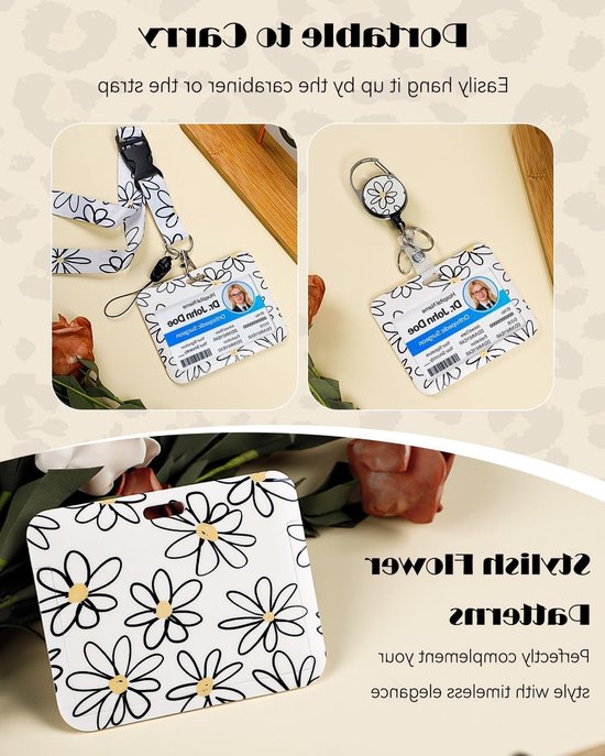 Floral Badge Holder met Witte Bloemen en Retractable Reel, Carabiner Clip en Afneembare Lanyard - Stijlvolle Bescherming voor ID Kaarten van Vrouwen en Docenten — afbeelding 2