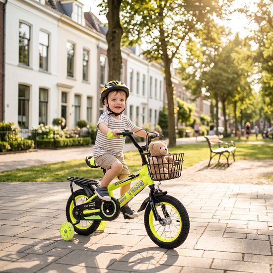14 Inch Kinderfiets – Verstelbaar Zadel en Stuur – Met Zijwieltjes, Mandje en Achterzitje – Geel — afbeelding 5