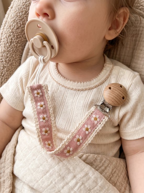 Speenkoord Katoen Madeliefjes - Roze Speenkoord met Houten Clip - Fopspeenhouder Baby - Speenketting - Kraamcadeau Meisje - Babyshower Cadeau — afbeelding 3