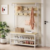 Garderoberek met bankje en schoenenrek – 3-in-1 Kapstok met kledingroede en 8 stevige haken – Industrieel Bruin – Hal, Gang & Woonkamer – 101 x 40 x 183 cm - Wit