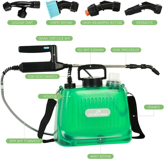 Drukspuit - Plantensproeier - Accu - Elektrisch - Tuinspuit - Nevelsproeiers - USB-oplaadbaar handvat - Telescoopstang - Verstelbare schouderriem - Geschikt voor tuin - 8 liter - Watersproeier met accu - Elektrisch oplaadbaar. — afbeelding 5