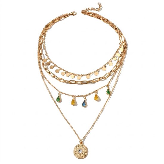 Goudkleurige meerlaagse ketting met schijf hanger en gekleurde druppels, geïsoleerd op witte achtergrond.