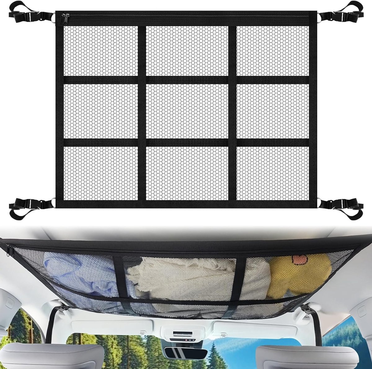 Verstelbare Dakkoffer Net voor Auto, 90 x 65 cm, Dubbel Laag Mesh, Ruimtebesparende Opbergtas voor Kampeerwagens, Tenten en Speelgoed
