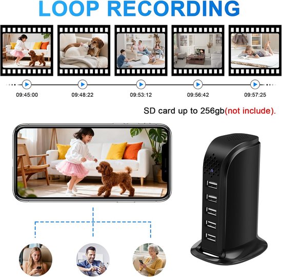 Verborgen Camera - Oplaadstation Camera - Bewaking Huis - 5 Poorts Oplader - 10.9 cm - Zwart — afbeelding 4