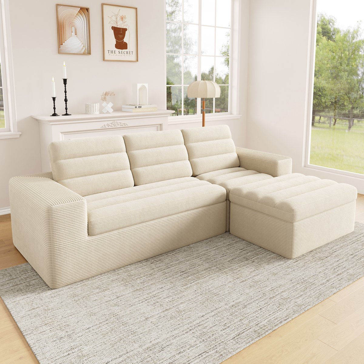 FloraGrace Hoekbank 253 x 161 cm - Modulair L-Vormig 4-Zits Sofa Met Hocker - Voor Woonkamer En Appartement - Cordstof - Beige