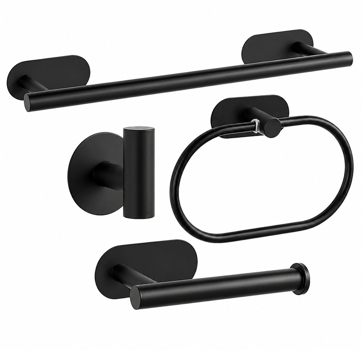 Beliora Badkamer Accessoires Set 4-delig – Handdoekrek, Handdoekring, Toiletrolhouder en Handdoekhaak – Mat Zwart – RVS 304 – Roestvrij