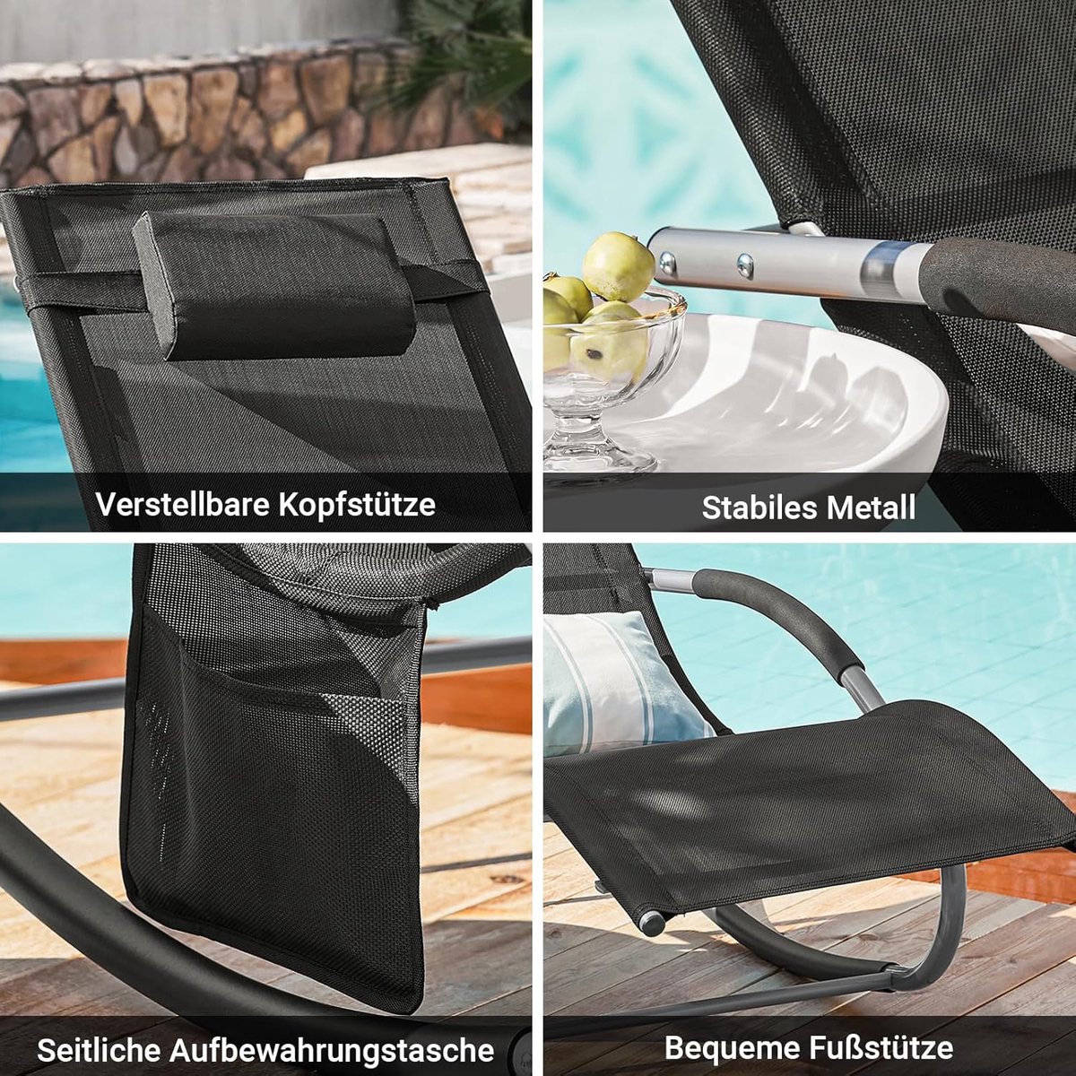 Tuinligstoel voor 2 Personen Schommelstoel met Hoofdkussen 150 x 63 x 87 cm Weerbestendige Dubbele Relaxstoel voor Tuin Balkon Terras Camping Zwart - Mobili Bella