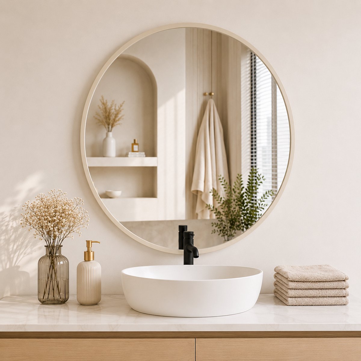 Ronde Wandspiegel Crème Beige 50 cm – Aluminium Frame, HD Spiegelglas, Veiligheidsglas met Anti-Splinterfolie en Eenvoudige Montage