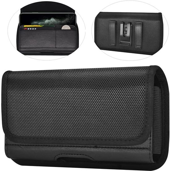 Holster de téléphone noir en nylon, gros plan de l'intérieur avec téléphone et pièce, et du dos avec clip de ceinture.