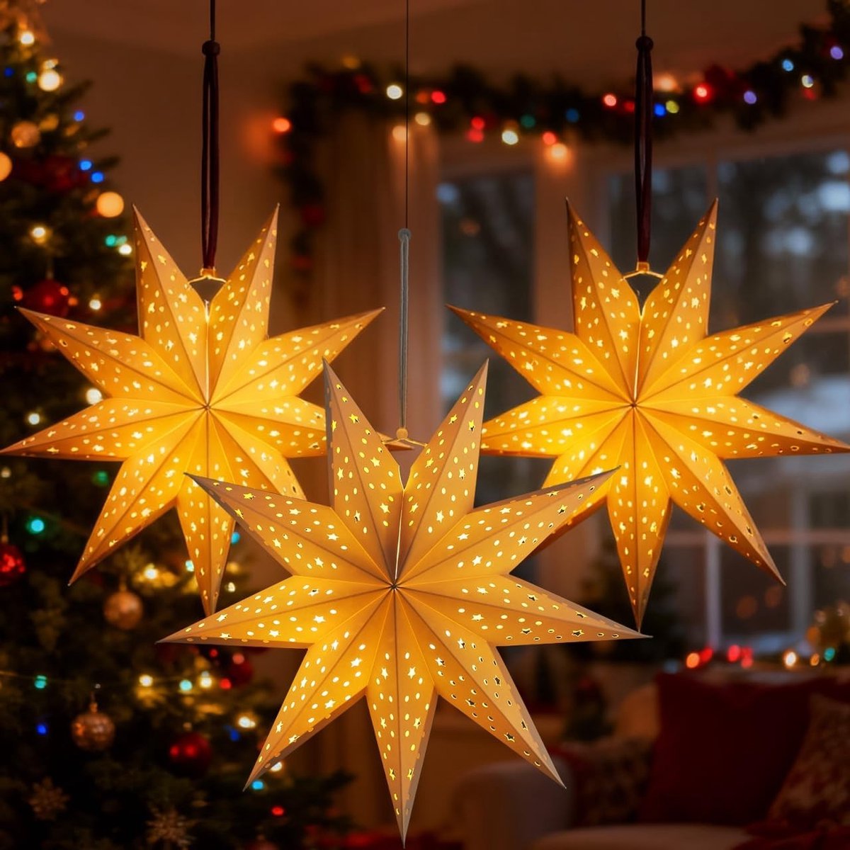 3-delige Kerst Ster Lampenkap - 9-puntige Papieren Ster voor Hangdecoratie, Witte Decoratieve Lampion voor Kerst en Bruiloft