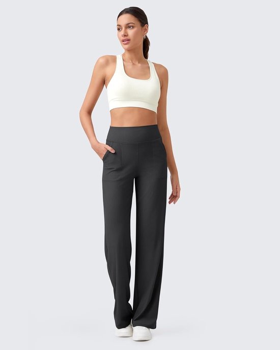 Dames Yoga Broek met Hoge Taille, Ribbels en Ruime Pijpen - Lichtgewicht Casual Sportbroek met Zakjes, Verkrijgbaar in Verschillende Lengtes — afbeelding 2