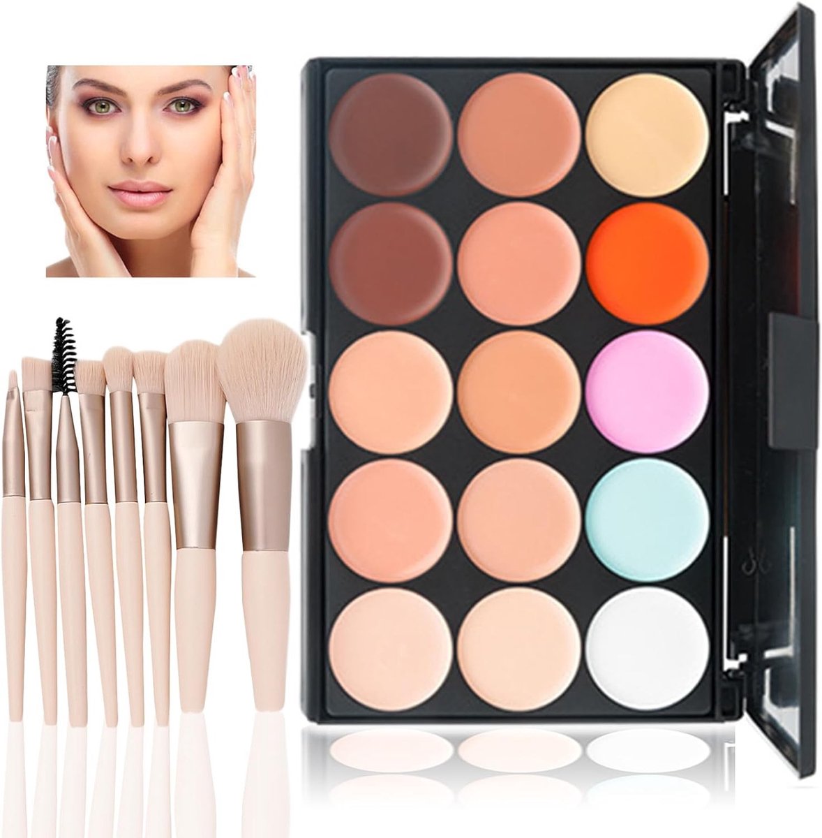Kleurcorrectie Make-up Palet met 15 Crème Tinten en 8 Make-up Kwasten voor een Vlekkeloze Huid en Perfecte Teint