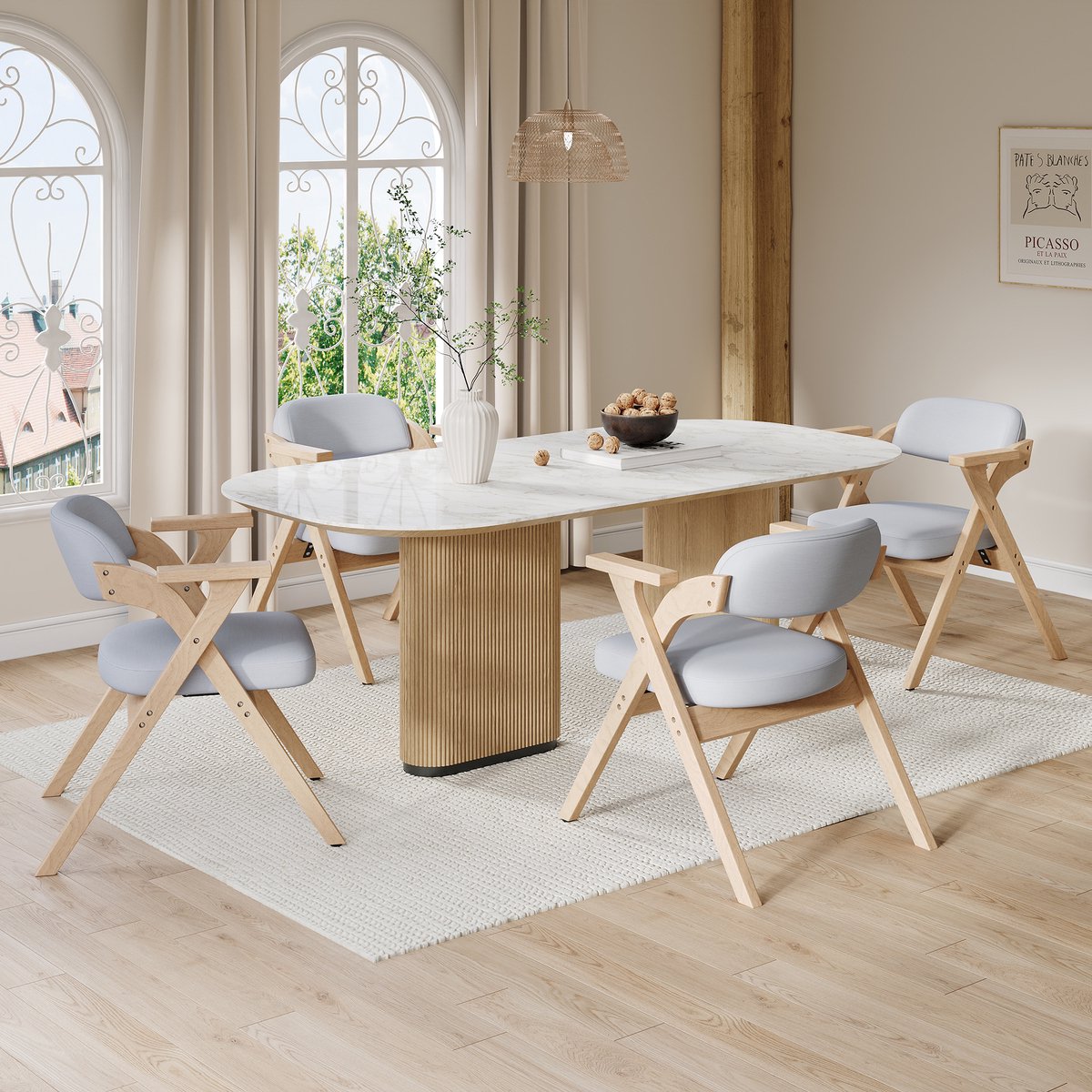 MODFU Eetkamerstoelen - Opvouwbaar Met Armleuningen - Modern - Hout En Linnen - Grijs - Set Van 4