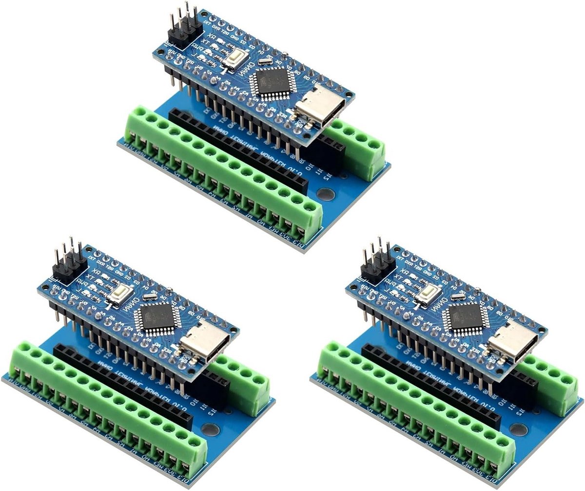 Nano V3 Module met CH340 Microchip en I/O Shield V1.0 - Uitbreidingsbord met Schroefklemmen voor Arduino Nano (3 Stuks) - Ideaal voor Elektronica Projecten, DIY en Prototyping
