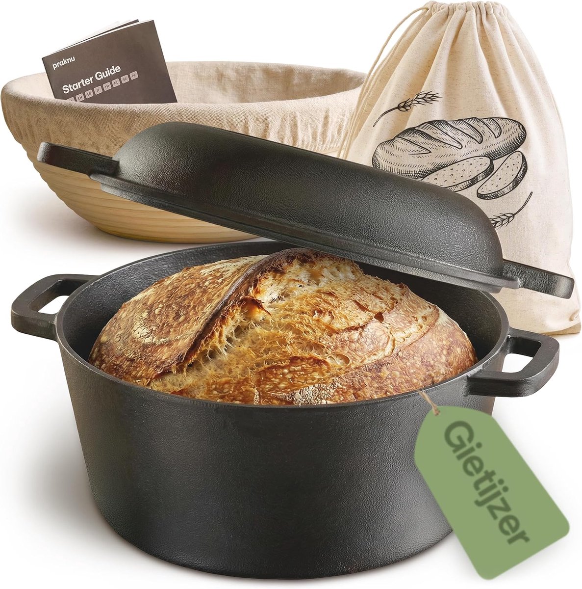 Gietijzeren Broodpan 26 cm - Dutch Oven voor Brood Bakken - Braadpan met Deksel 4,7 Liter - Inclusief Rijsmand en Broodzak - Praknu