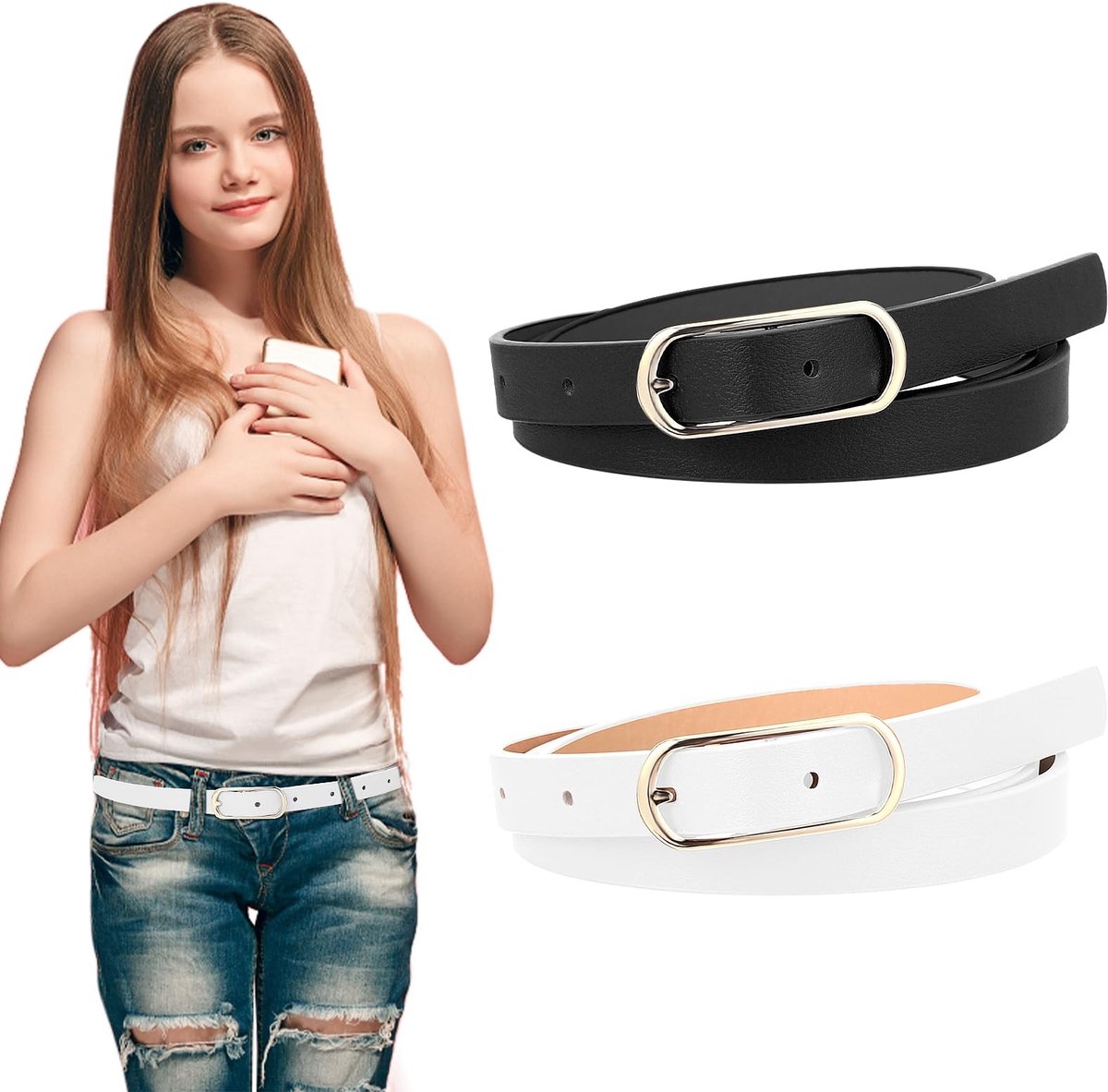 SMOAKEZ- Tailleriem Verstelbaar - Kinder Tailleriem - Dunne Riem - PU Lederen Riemen - Legering Pin Gesp - 105cm Lengte - Kinderriem