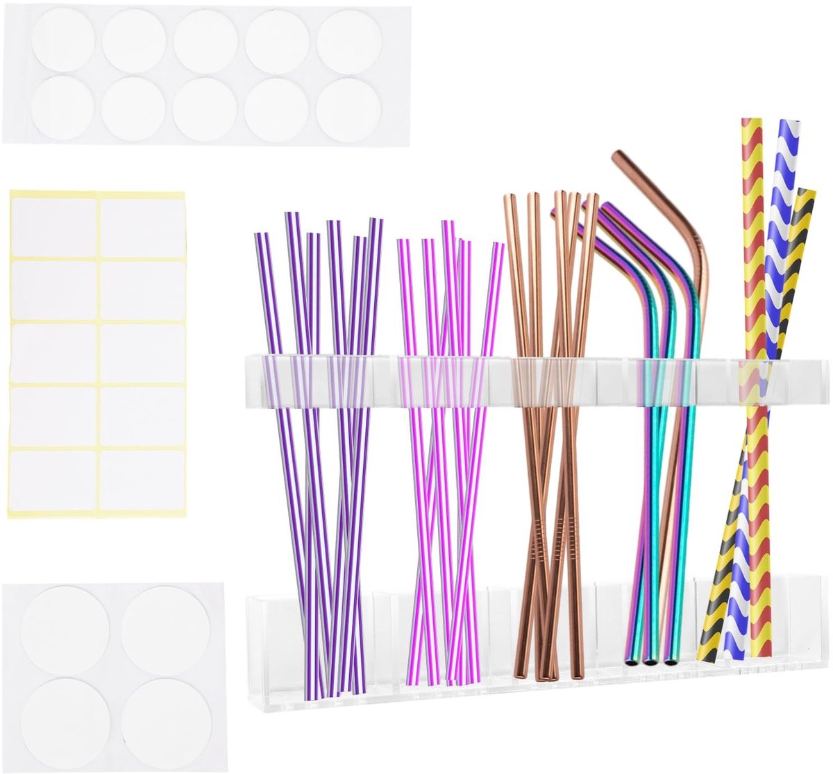 SOUQONE- Rietjeshouder Transparant - Herbruikbare Beker - Kastdeur Organizer - Verstelbare Hoogte - Inclusief Stickers - Sterke Lijm - Rietjesdispenser