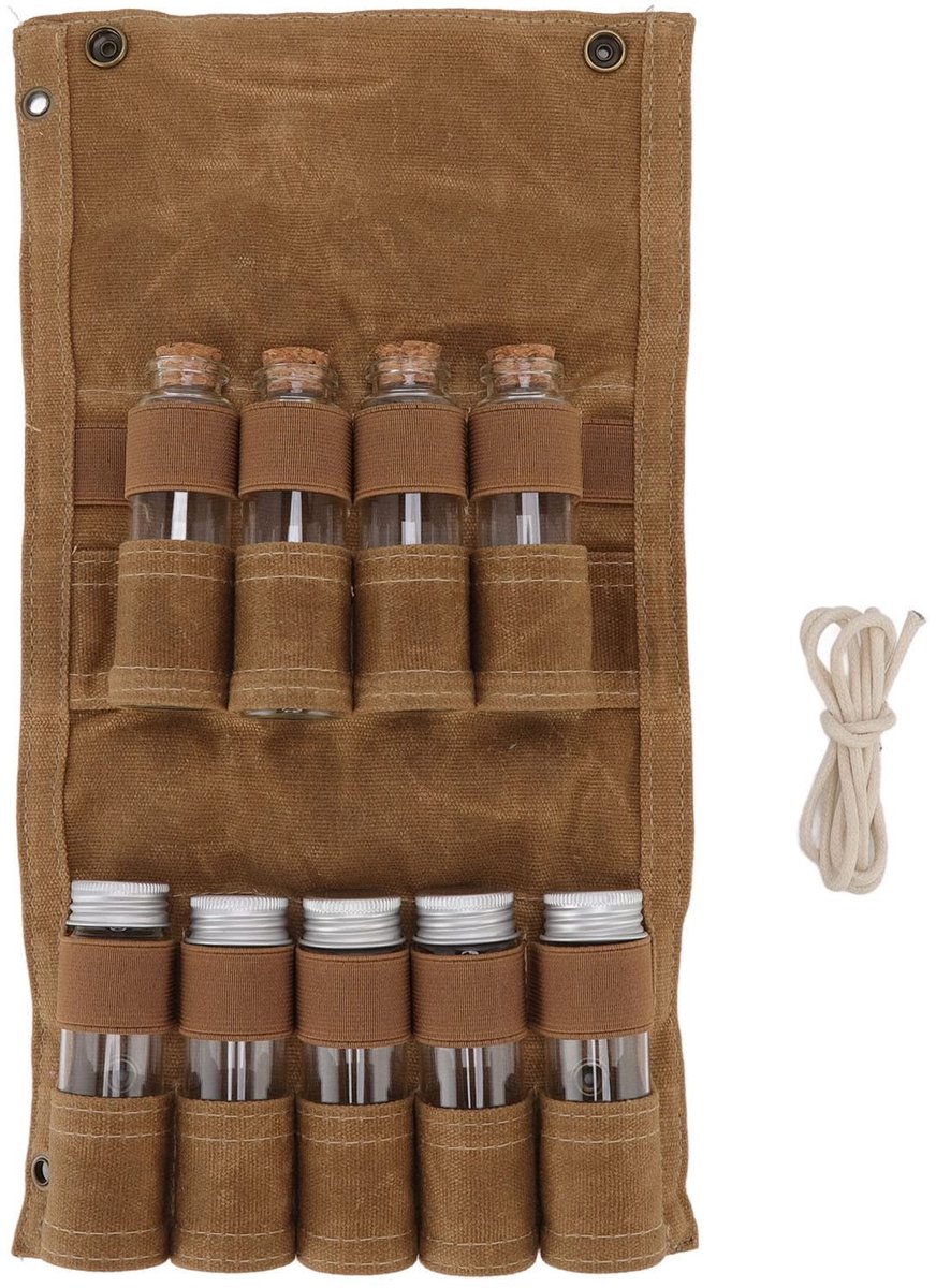 Dailygoods- Kruidenfles Draagbare Opbergtas met 9 Glazen Flessen - Camping/Kruidenfles - Organisatie - Lichtgewicht - Schokbestendig - 19,5x36 cm - Kruidenopbergtas