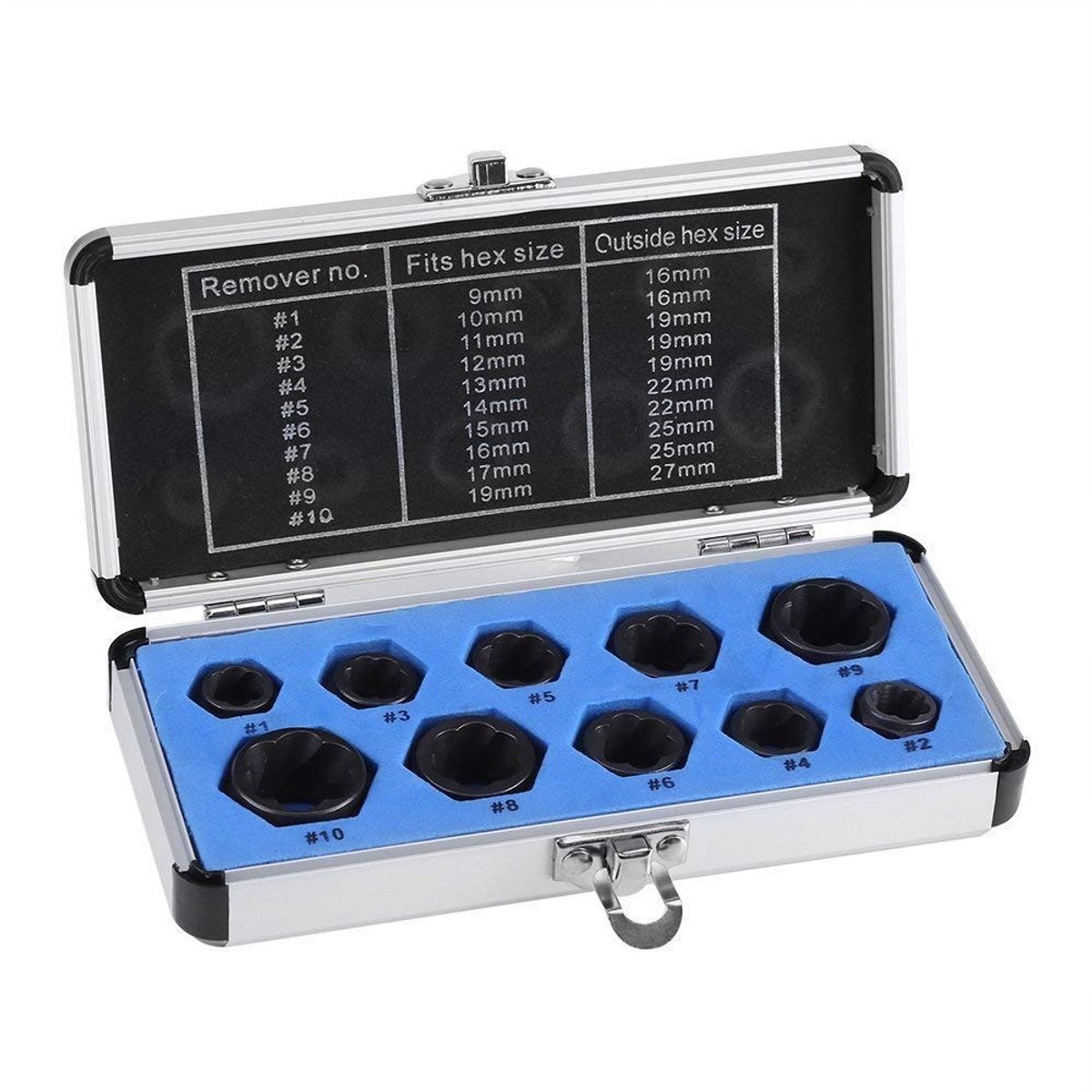 Dailygoods- Schroefextractor Set 10 Stuks - Voor het Verwijderen van Beschadigde Schroeven/Bouten - Geschikt voor Maten 9-19 mm - Duurzaam Materiaal - Eenvoudige Opslag in Koffer - Schroefverwijderaar