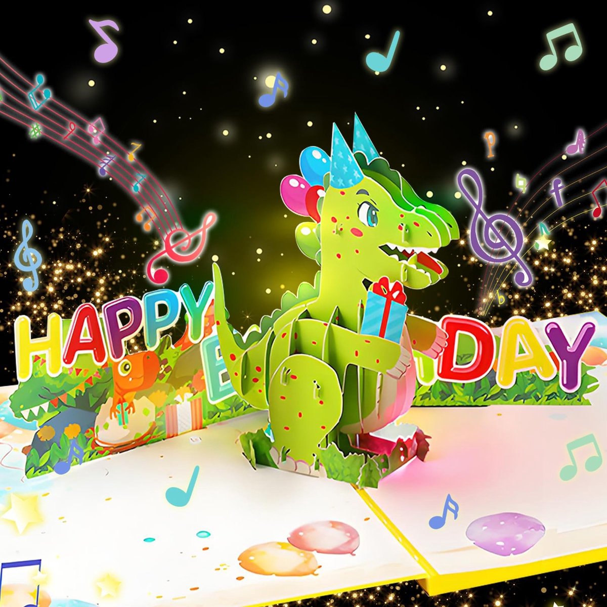Dailygoods - Muzikale 3D pop-up verjaardagskaart met dinosaurus en licht - Happy Birthday kaart voor kinderen