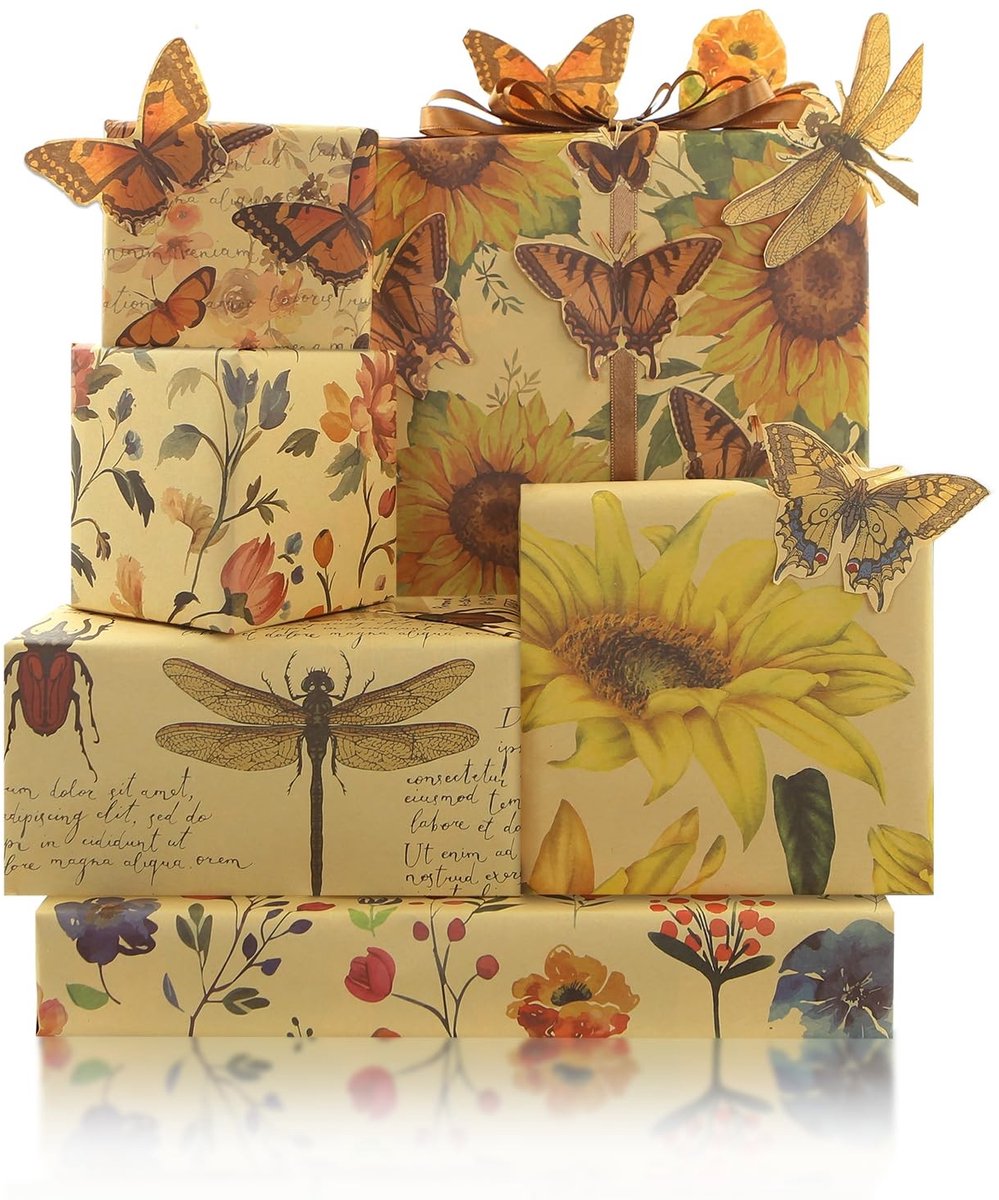 Dailygoods- Inpakpapier Boho Zonnebloem - Cadeaupapier Verjaardag - Feestdecoratie Moederdag - Geschenkverpakking 6 Vellen - Premium Kraftpapier 50x70cm - Inclusief Zijden Lint