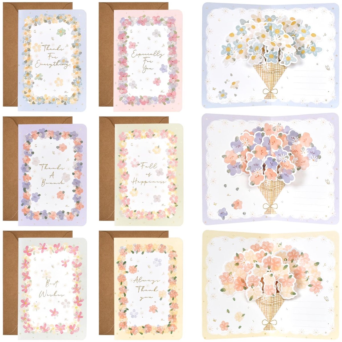 Dailygoods- Wenskaarten 3D pop-up - Bloemenmotief - 6 Stuks - Envelop met stickers - Verjaardag/Bruiloft/Jubileum - 350 g papier - Kaartjes