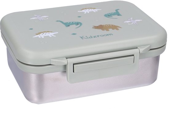 Lichtgroene broodtrommel met dinosaurussenprint en zilverkleurige metalen onderkant.