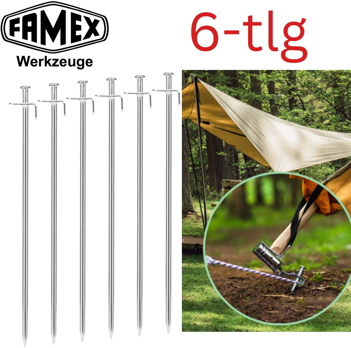 FAMEX Tentharingen Grondankers van Staal 6 Stuks, Robuuste Bodemankers voor Tenten, Partytenten, Zonnedoeken, Camping & Outdoor