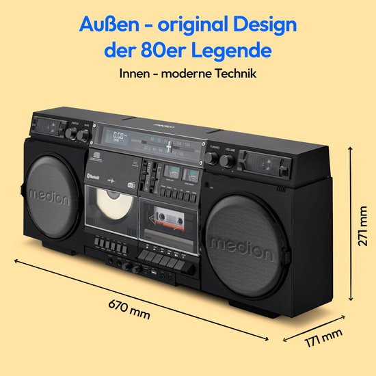 MEDION P66538 Cassetterecorder (retro boombox met cd-speler, jaren 80, groot, USB, SD, cd, cassette MC, DAB+ radio telescopische antenne, Bluetooth, cassettedeck, opnamefunctie, werkt op batterijen)