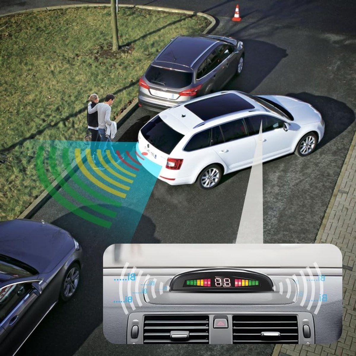 SnelShoppen - Draadloze Parkeerhulp met 4 PDC Achteruitrijsensoren, LED Display, Ideaal voor Auto, SUV, Van, Motorhomes en Pickups - Silver