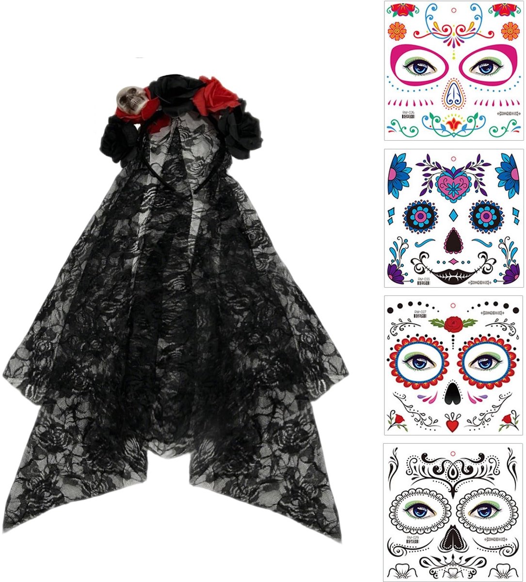 Dailygoods- Haarband Dia de Los Muertos - Halloween/Karnaval - Hoofdsieraad - Gezichtstattoos - Rood/Zwart - Schedeldesign