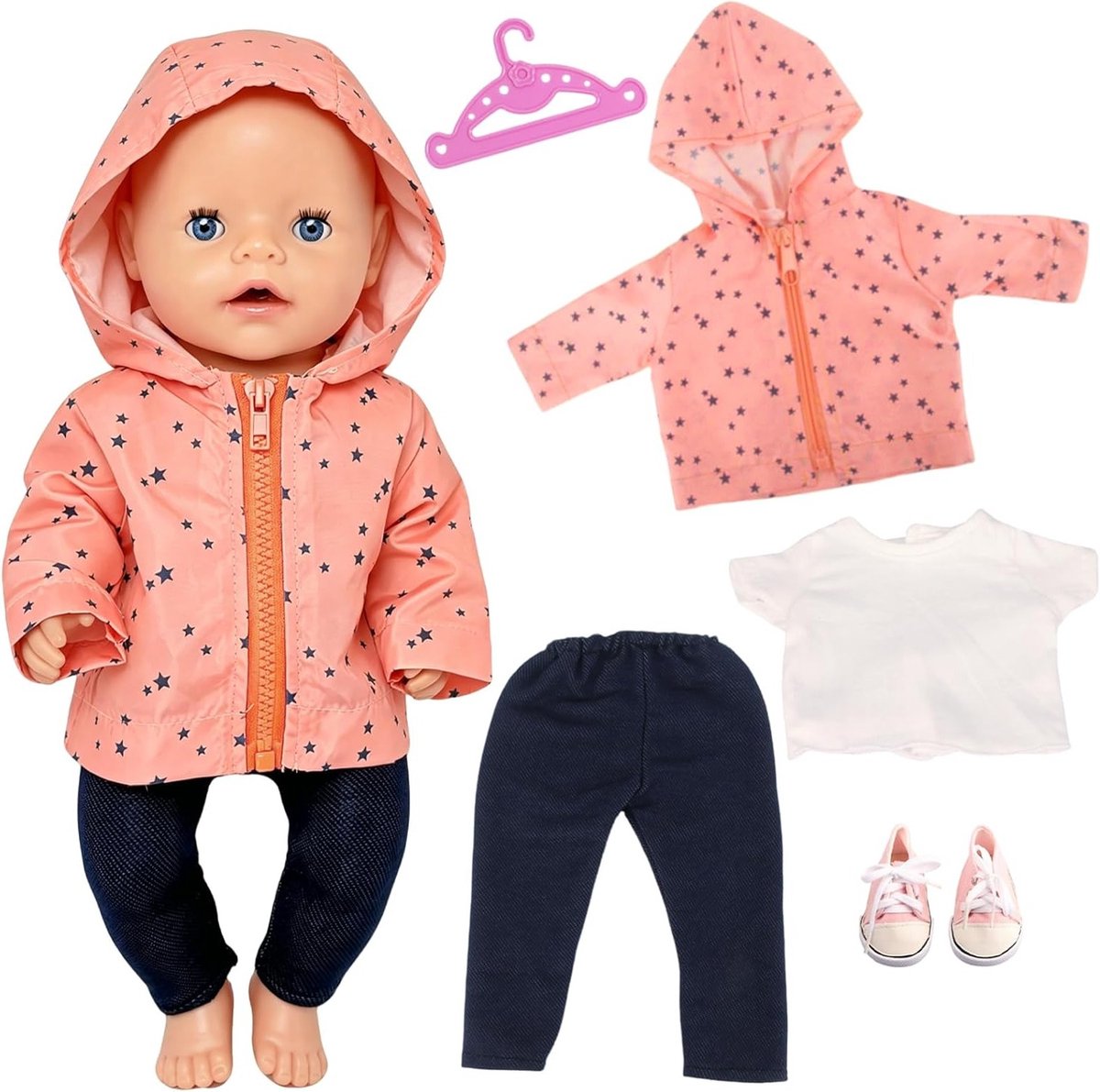 Kleding voor Poppen 35-43 cm, 5-delige Outfits met Jas, T-Shirt, Broek en Schoenen, Accessoires voor Baby Poppen en Cadeaus voor Jongens en Meisjes