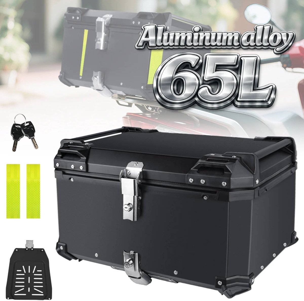 Dailygoods 65L Universele Motor Topkoffer, Waterdichte Aluminium Koffer met Slot & Reflecterende Sticker, Motorhelm Opbe