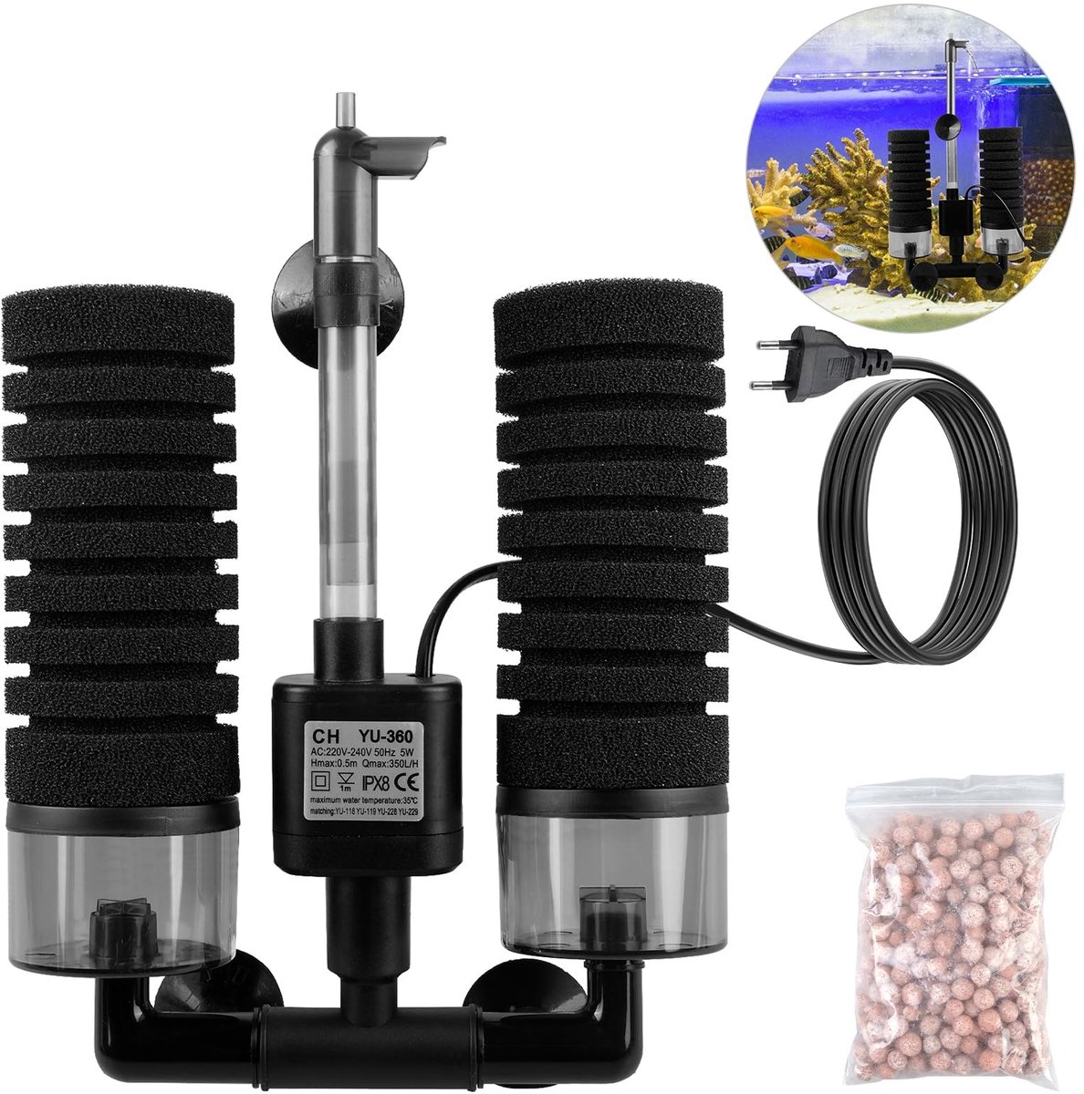 Dailygoods- Aquariumfilter Stille Schuimfilter - Sponsfilter met Pomp - Biologische/Mechanische Filtratie - Geschikt voor Aquaria > 60 cm - Meerlaags Ontwerp