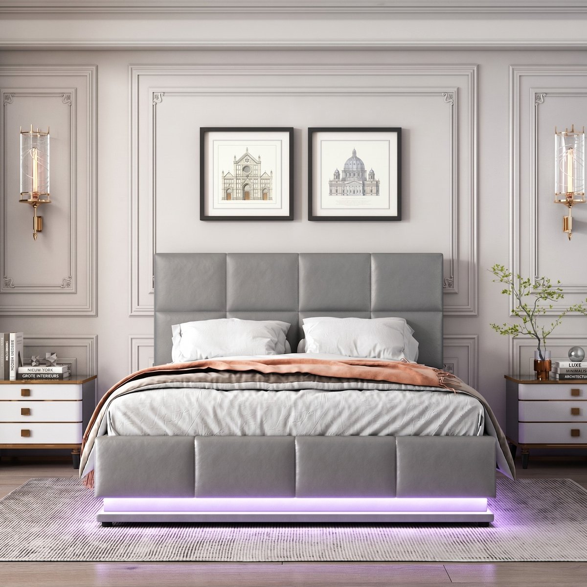 VVBV Bed met opbergruimte 140x200 / Tweepersoonsbed 140x200 – met Hydraulische Opbergruimte, LED-Verlichting, Lattenbodem – Tienerbed – Grijs Gray