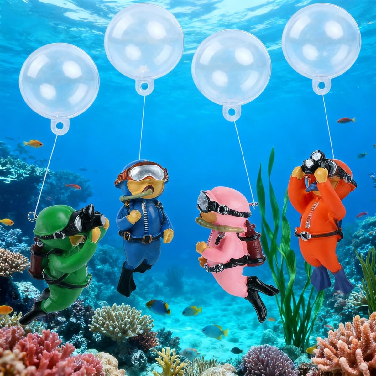 JHUBERS- Aquariumdecoratie 4 Stuks - Duikfiguur/Duiker - Onderwaterwereld - Ornamenten - Vistank - Hars - Geschikt voor Alle Aquaria - Aquariumornament