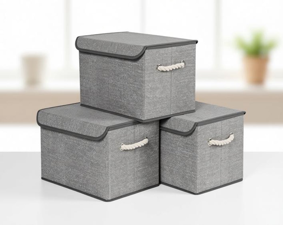ElleMooi Opbergdozen set van 3, stoffen dozen met deksel, handgrepen van katoen, linnen look, duifgrijs