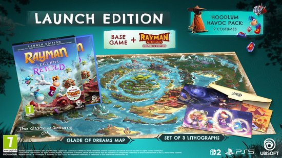 Rayman Legends: Retold Launch Edition met spel, kaart en litho's op een kaart van Glade of Dreams.