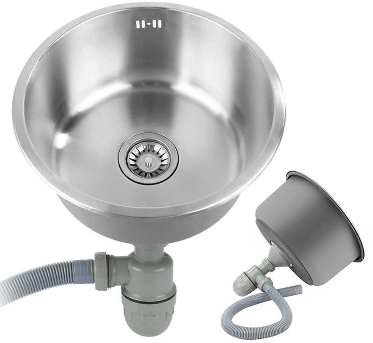 Dailygoods Keukenkast, Ø 42 cm ronde roestvrijstalen spoelbak met afvoerpijpverbinding, campingkast, keukenbak voor keuk